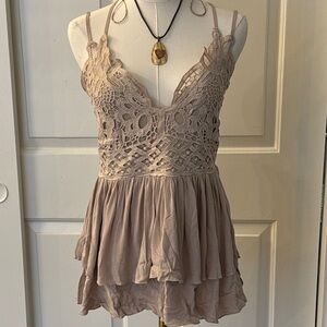 Lace Crochet Layered Dress in Beige